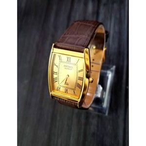 *RARE Vintage Seiko NOS Men's Classic Tank Barrel‎ Gold Champaign Satin Di…